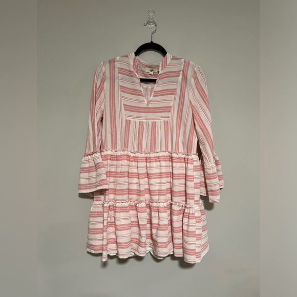 entro Dresses & Skirts - ENTRO Pink/Ivory Striped Long Bell Sleeve Mini Dress Size Small Spring Party